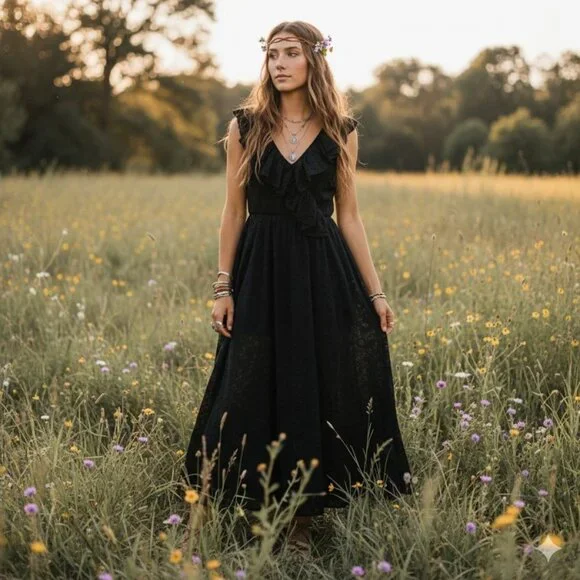 Pho Firenze M Black Lace Ruffle Maxi Dress With Open Back Embellished Straps - Picture 3 of 16